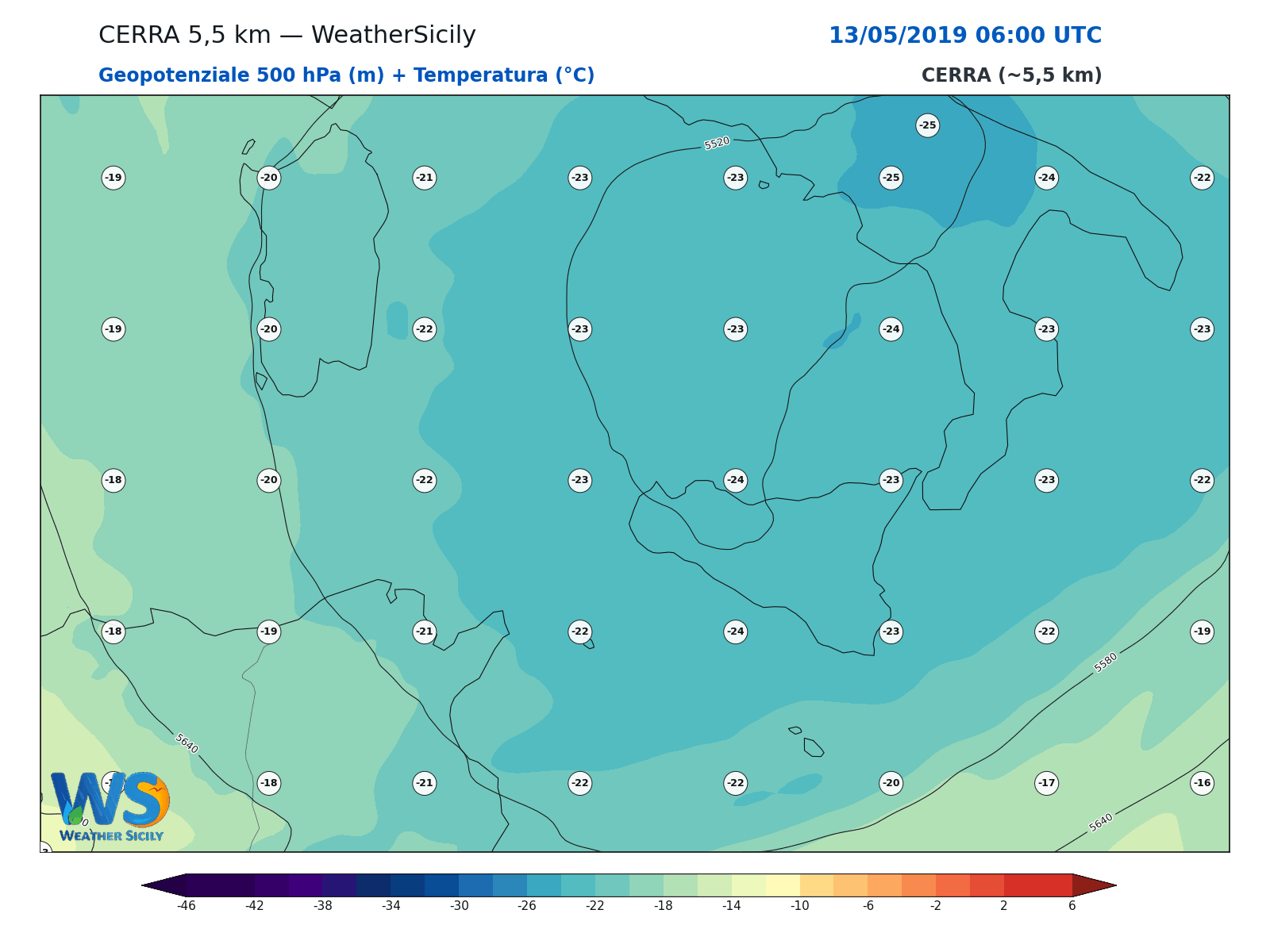 Geopotenziale 500 hPa + Temperatura · 2019051306