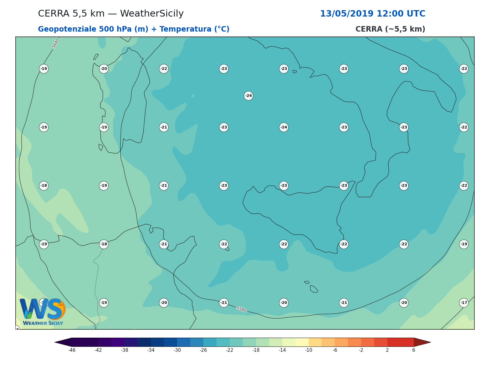 Geopotenziale 500 hPa + Temperatura · 2019051312