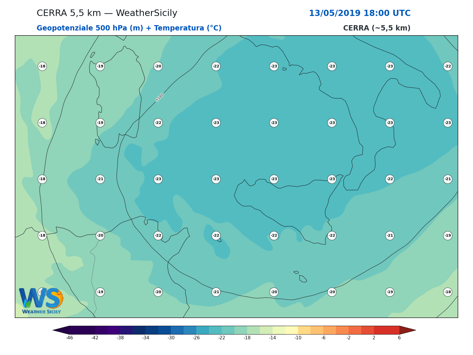 Geopotenziale 500 hPa + Temperatura · 2019051318