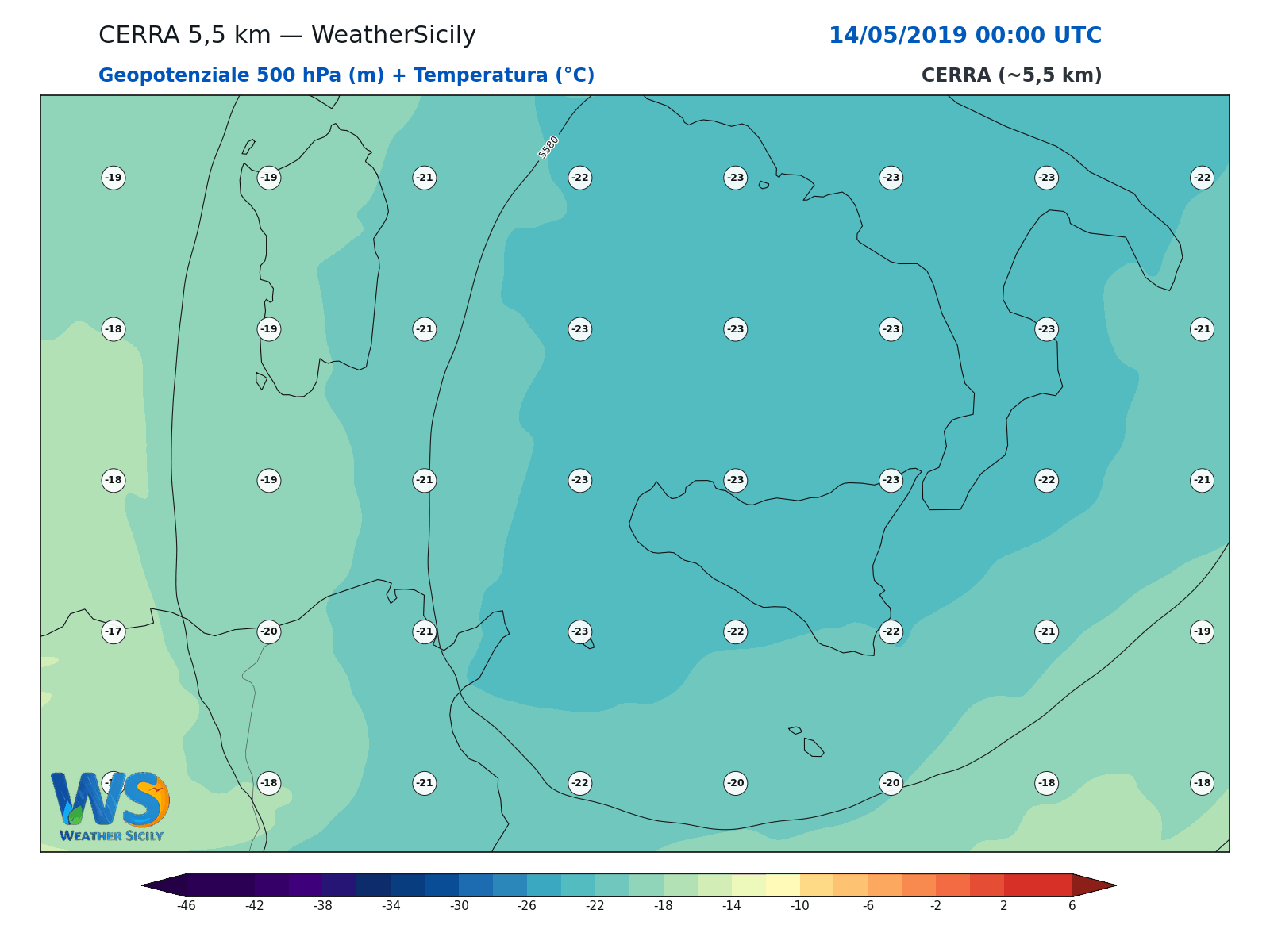 Geopotenziale 500 hPa + Temperatura · 2019051400