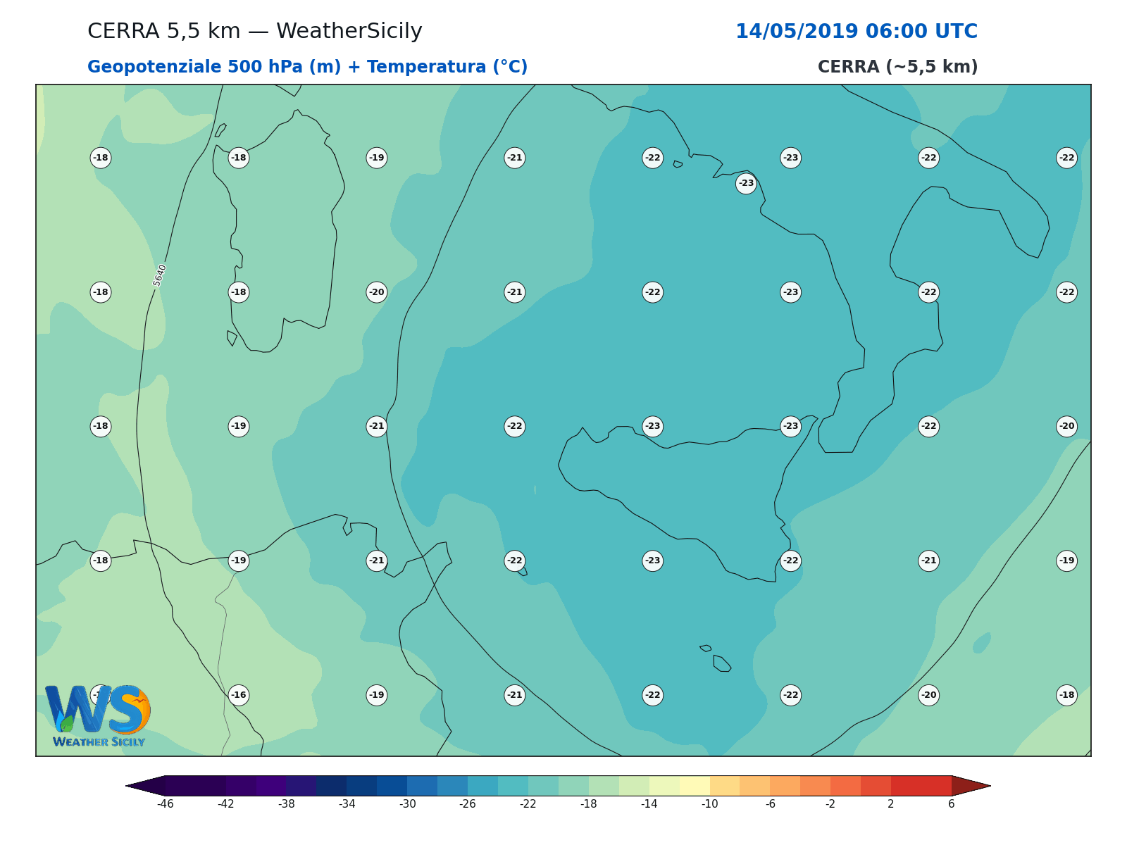 Geopotenziale 500 hPa + Temperatura · 2019051406