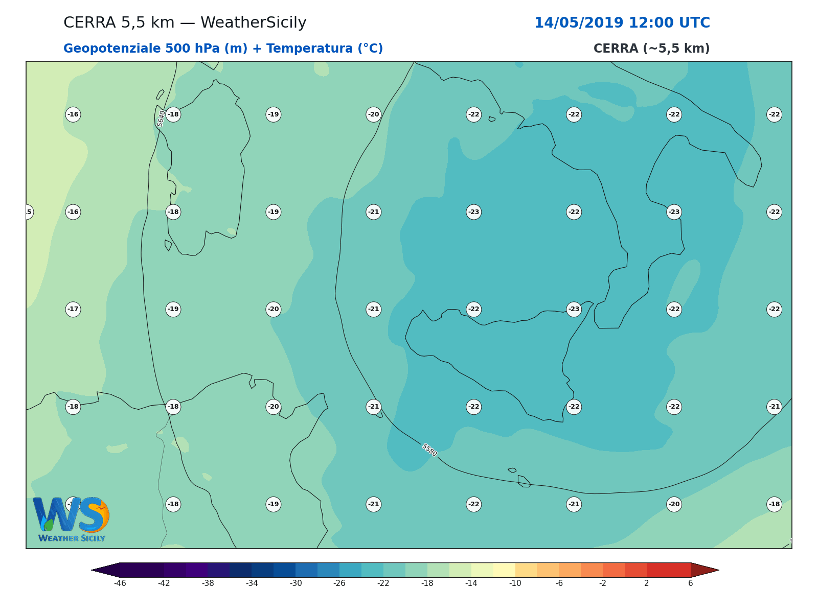 Geopotenziale 500 hPa + Temperatura · 2019051412