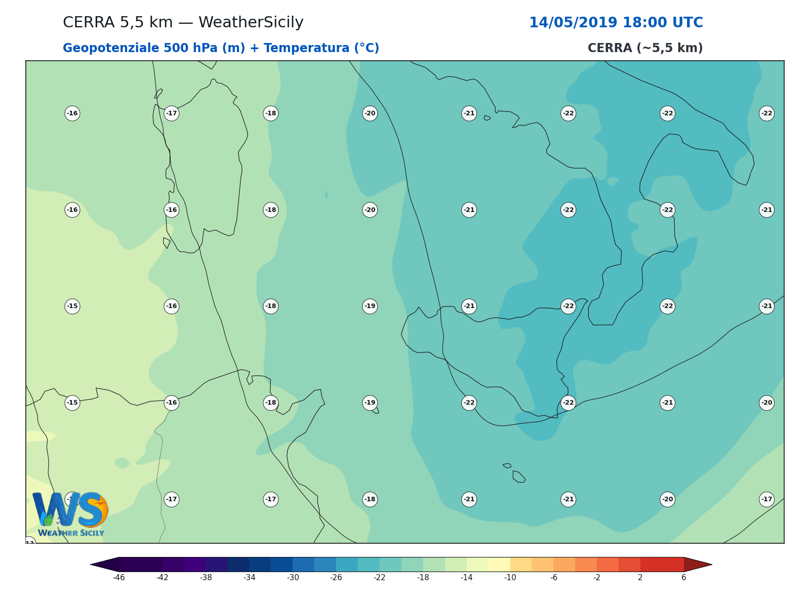 Geopotenziale 500 hPa + Temperatura · 2019051418