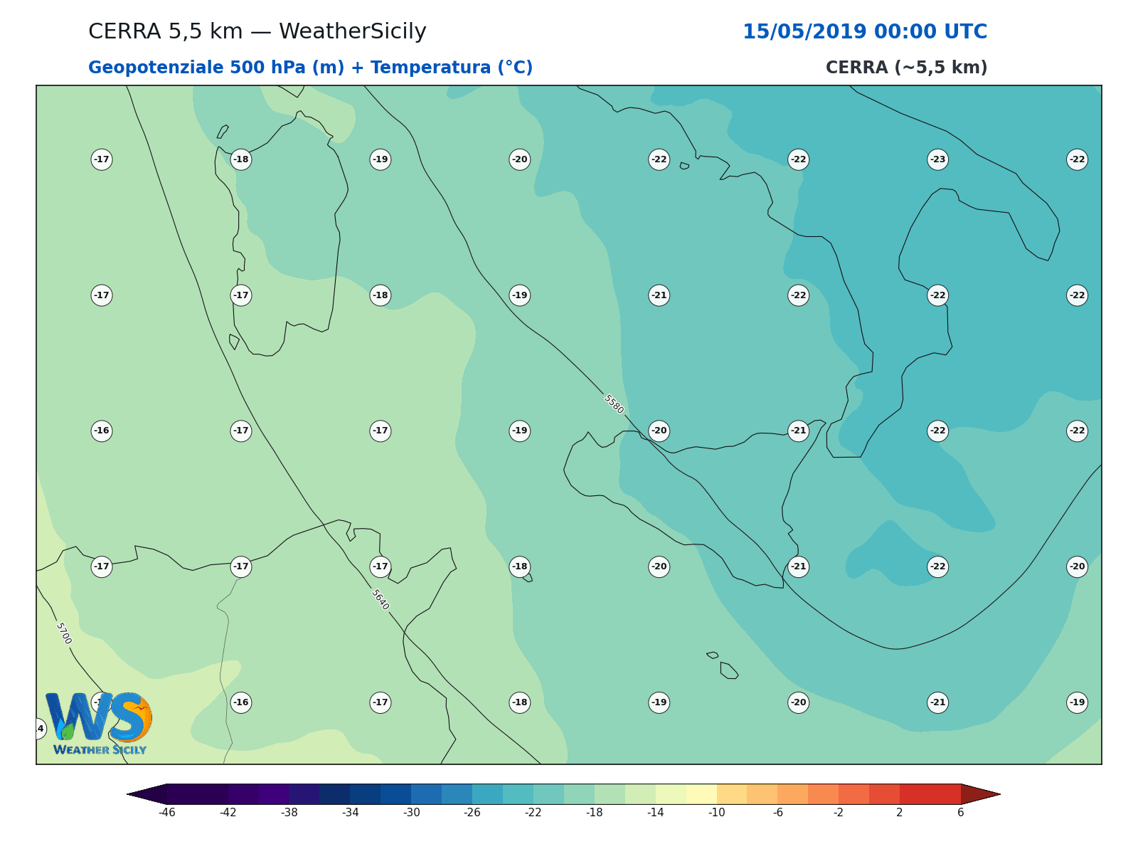 Geopotenziale 500 hPa + Temperatura · 2019051500