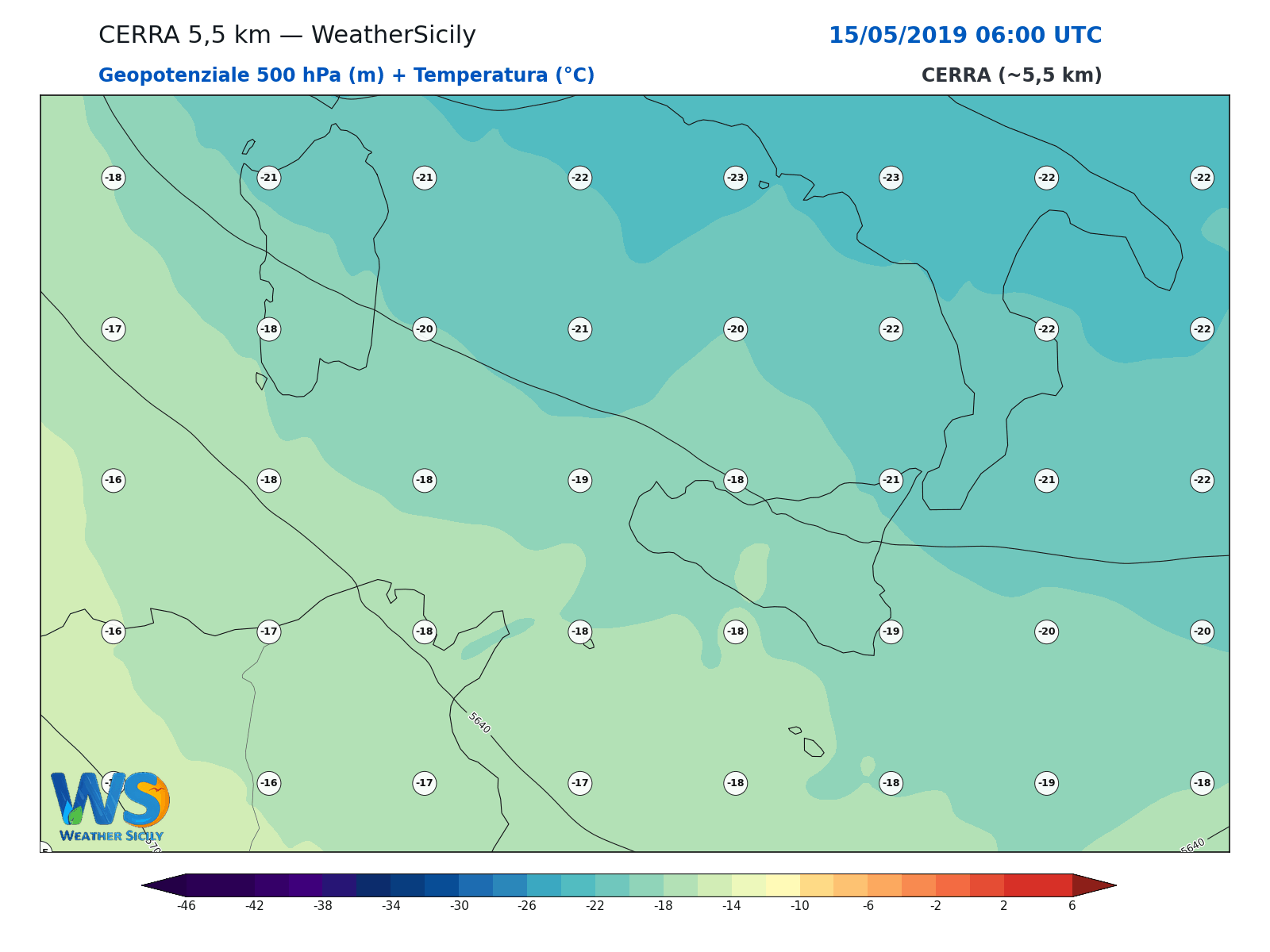 Geopotenziale 500 hPa + Temperatura · 2019051506