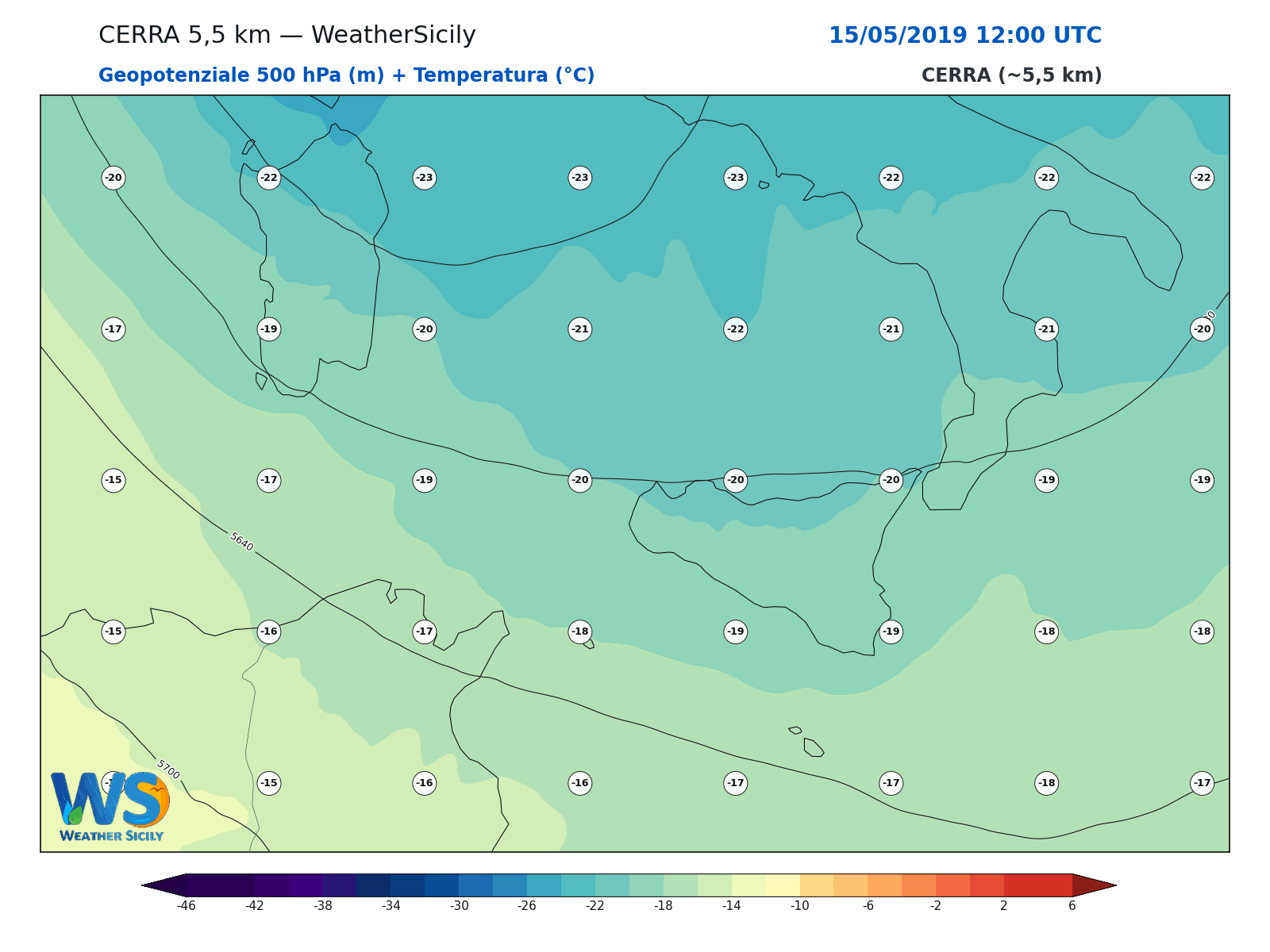 Geopotenziale 500 hPa + Temperatura · 2019051512