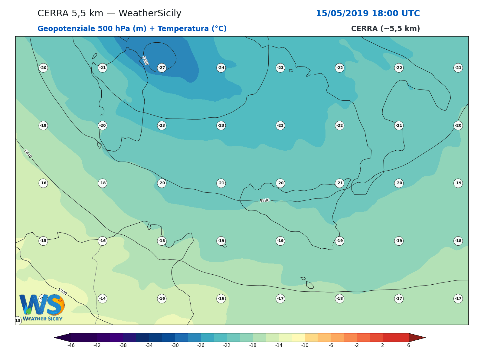 Geopotenziale 500 hPa + Temperatura · 2019051518