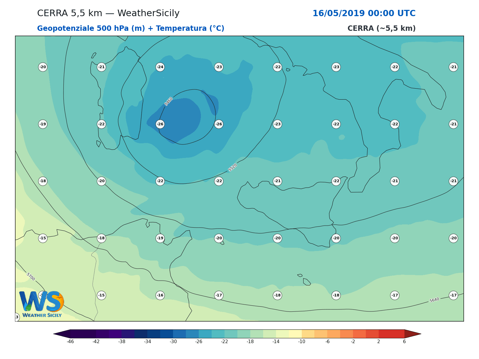 Geopotenziale 500 hPa + Temperatura · 2019051600