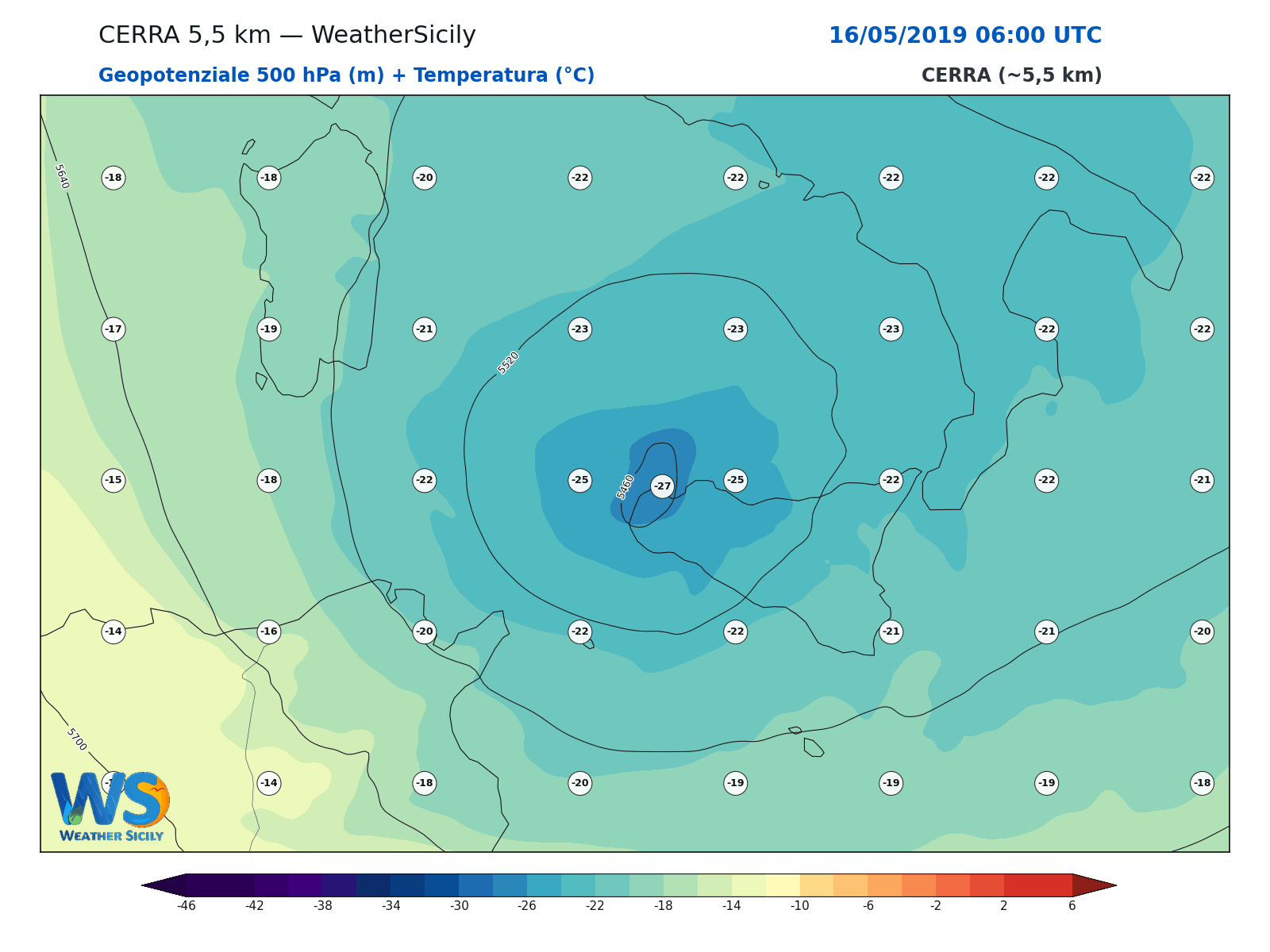 Geopotenziale 500 hPa + Temperatura · 2019051606