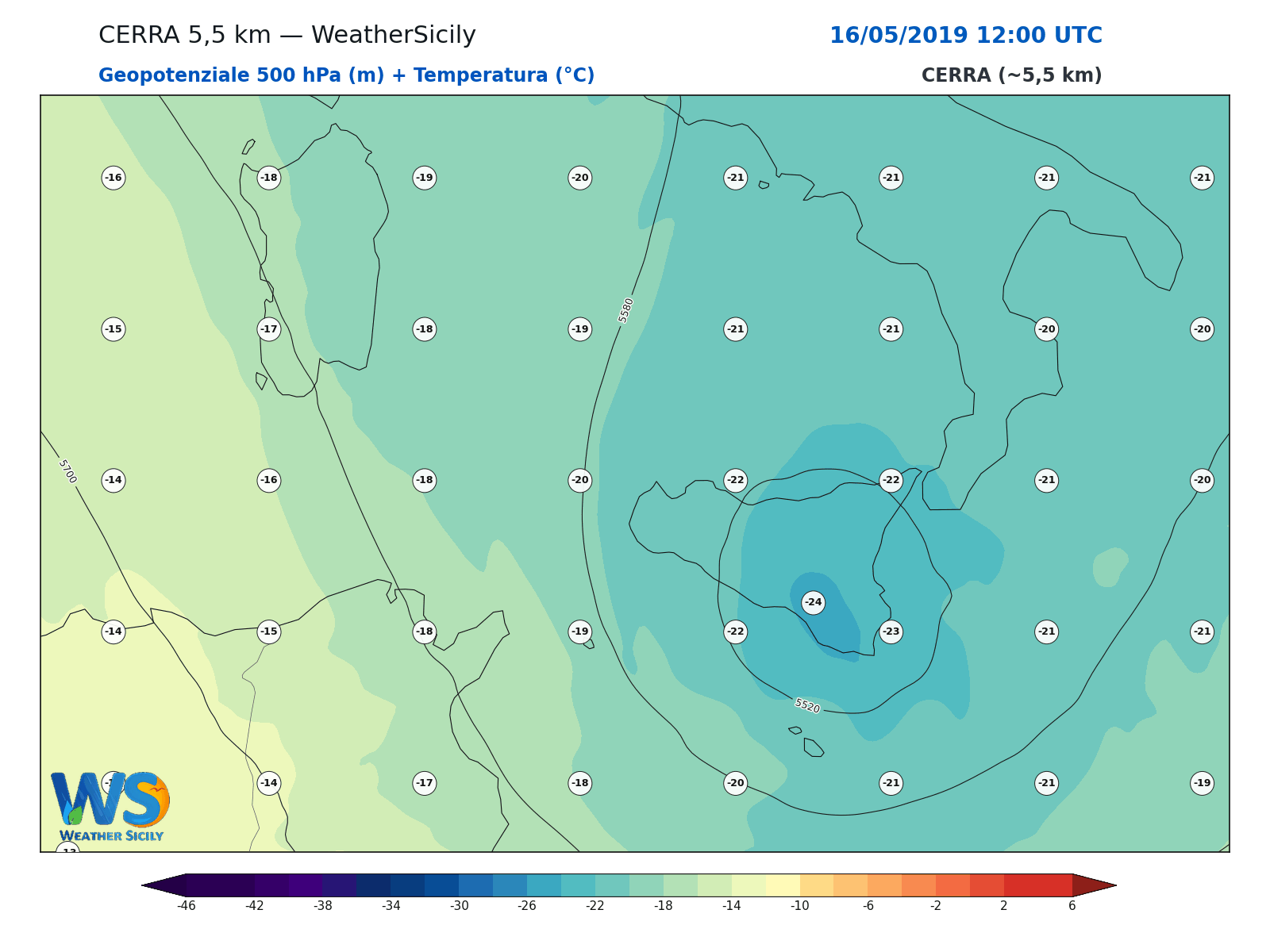 Geopotenziale 500 hPa + Temperatura · 2019051612