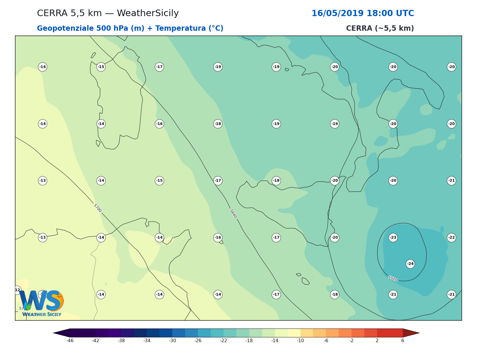 Geopotenziale 500 hPa + Temperatura · 2019051618