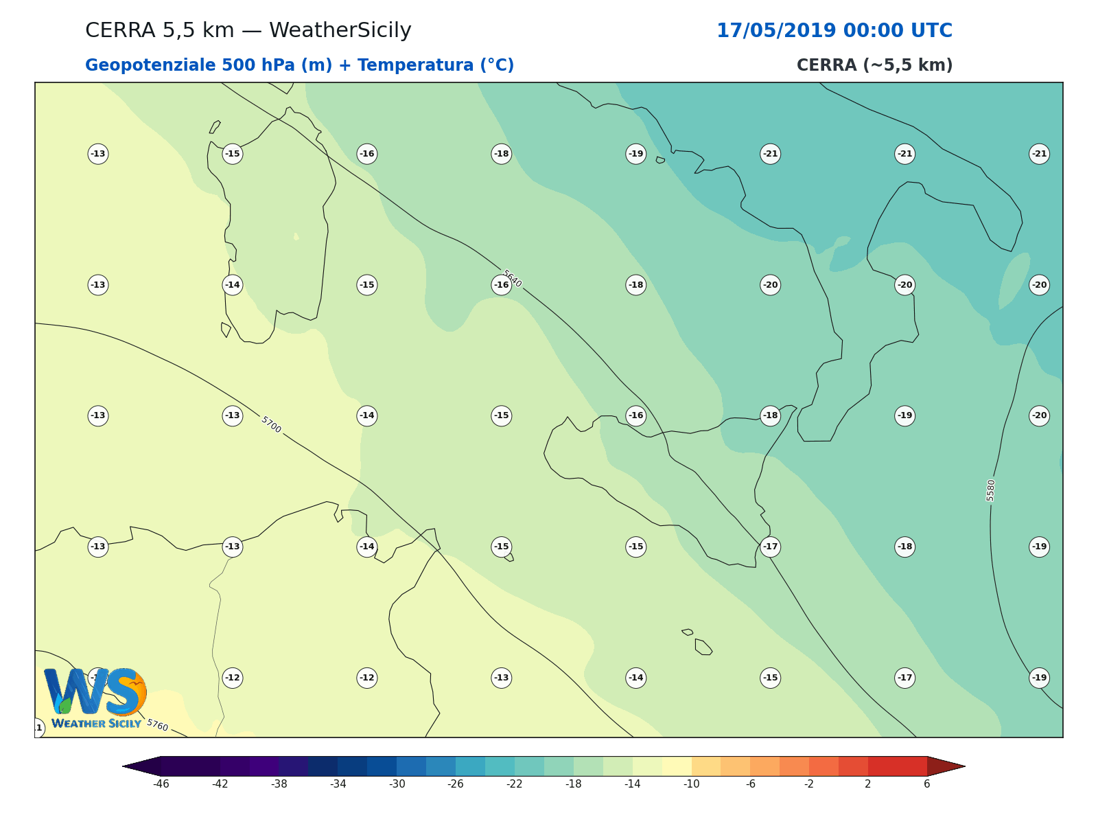 Geopotenziale 500 hPa + Temperatura · 2019051700