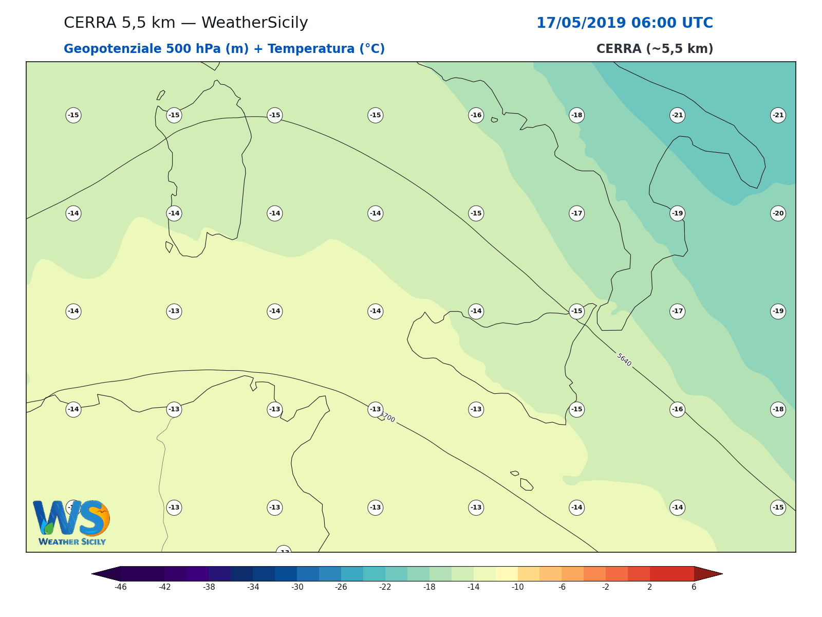 Geopotenziale 500 hPa + Temperatura · 2019051706