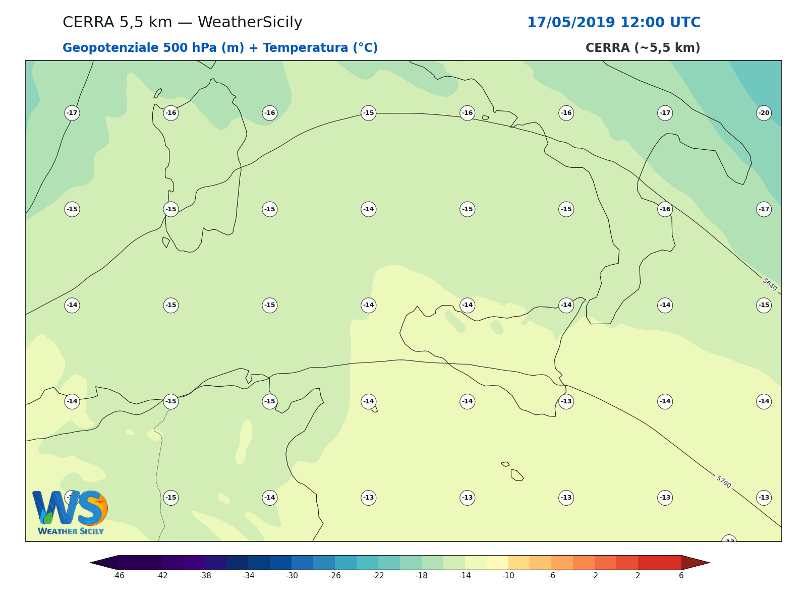 Geopotenziale 500 hPa + Temperatura · 2019051712