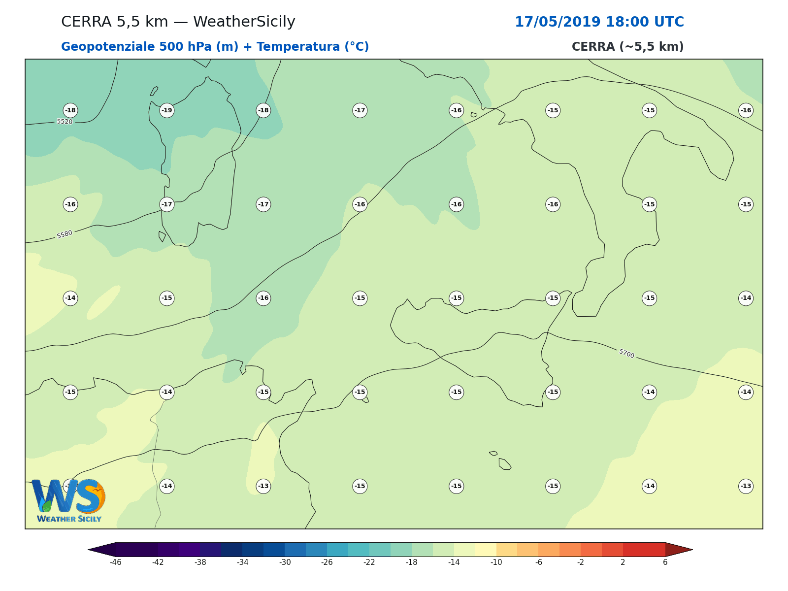 Geopotenziale 500 hPa + Temperatura · 2019051718