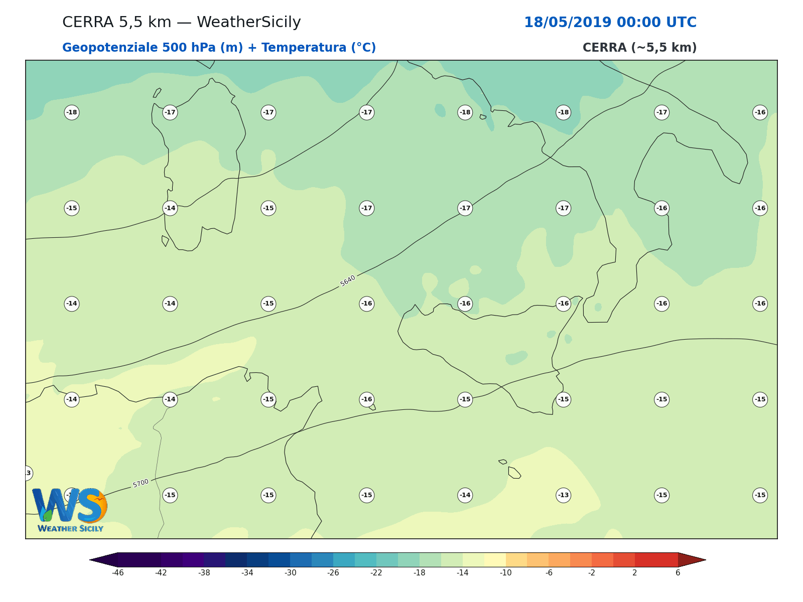 Geopotenziale 500 hPa + Temperatura · 2019051800