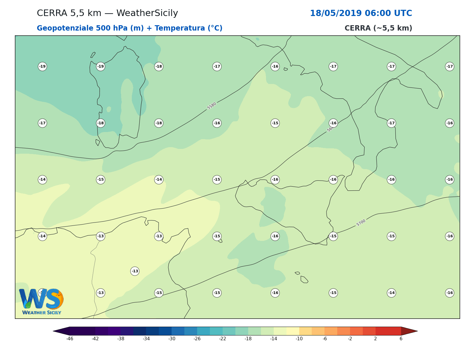 Geopotenziale 500 hPa + Temperatura · 2019051806