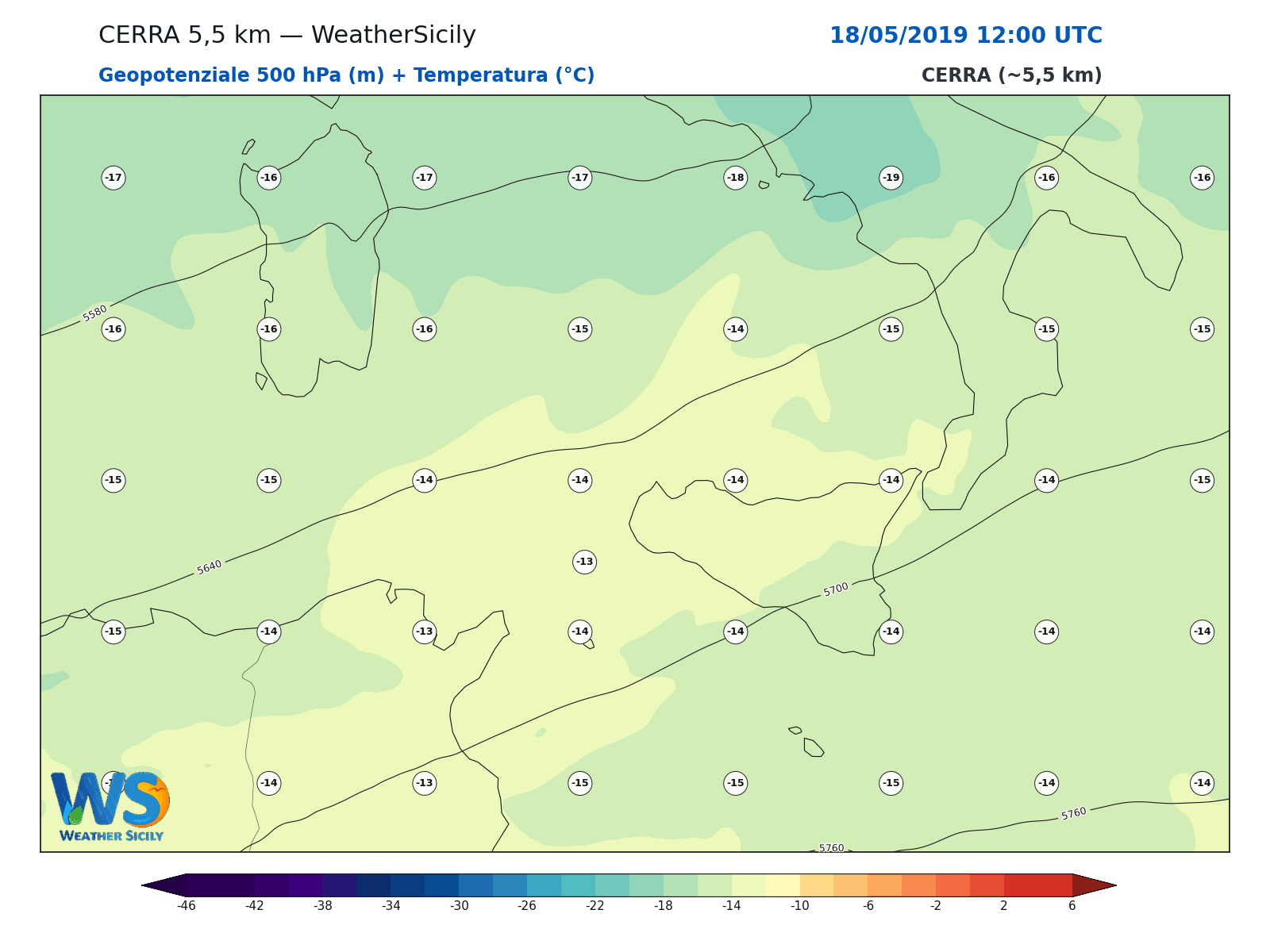 Geopotenziale 500 hPa + Temperatura · 2019051812