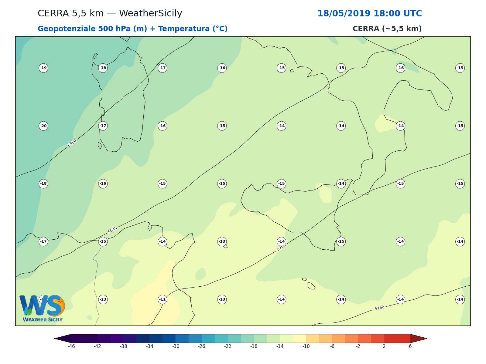 Geopotenziale 500 hPa + Temperatura · 2019051818