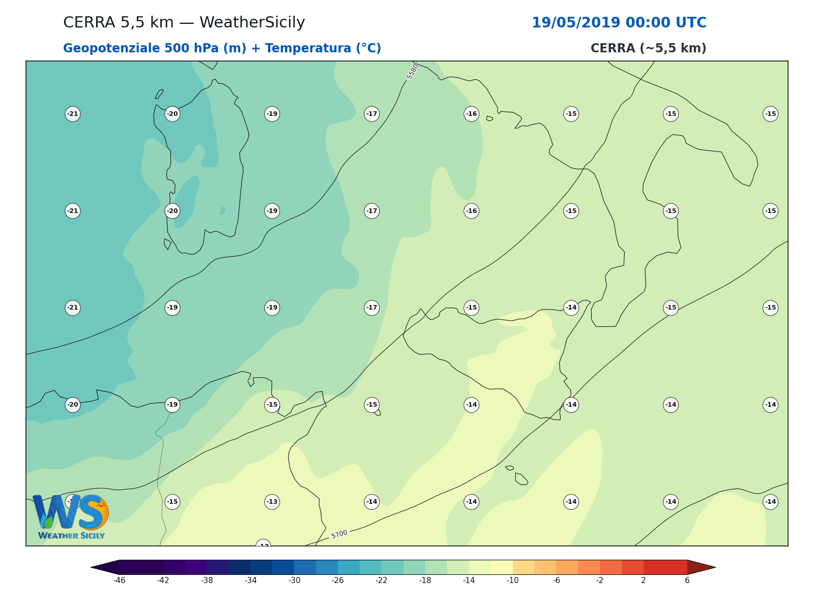 Geopotenziale 500 hPa + Temperatura · 2019051900
