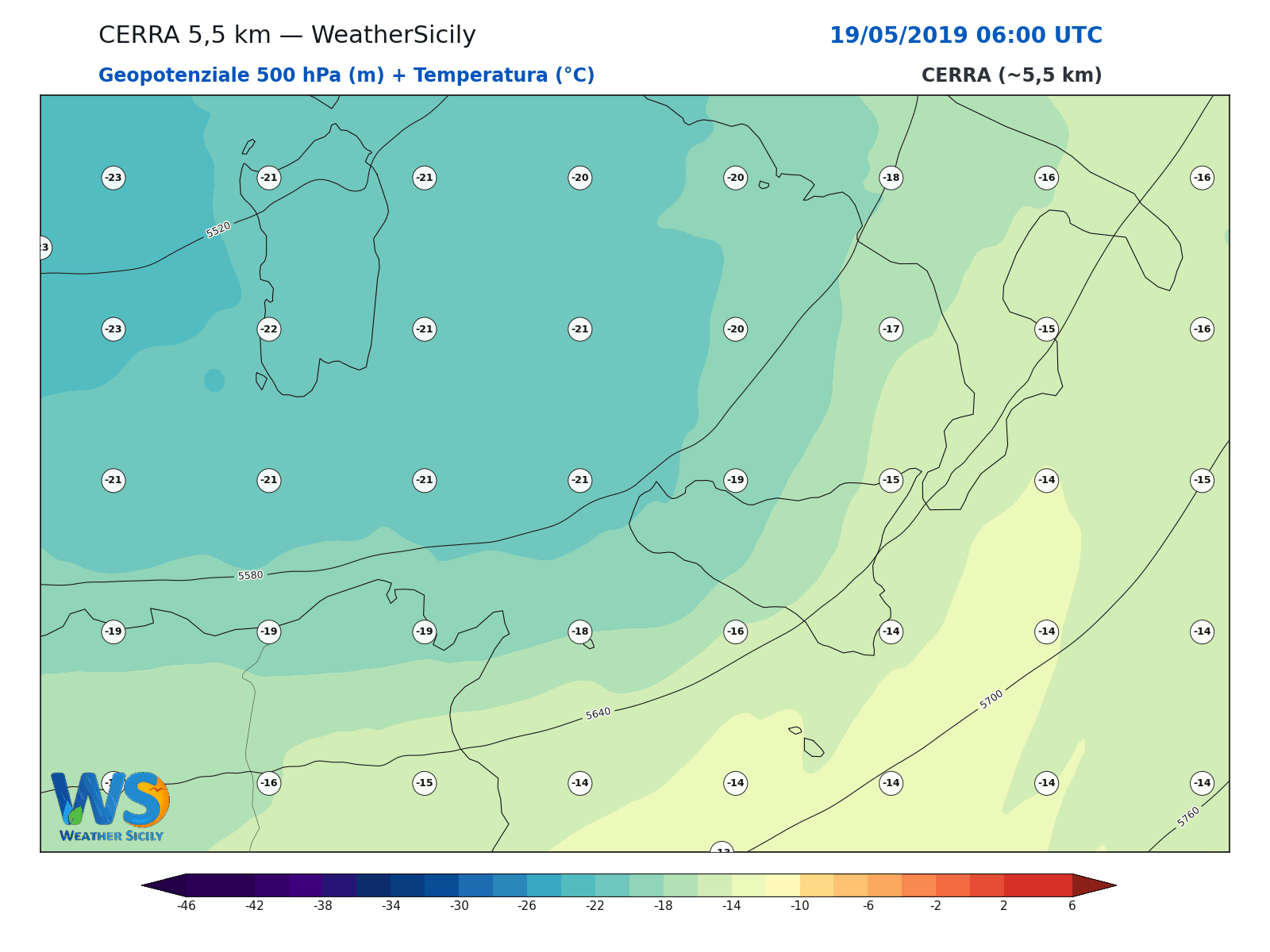 Geopotenziale 500 hPa + Temperatura · 2019051906