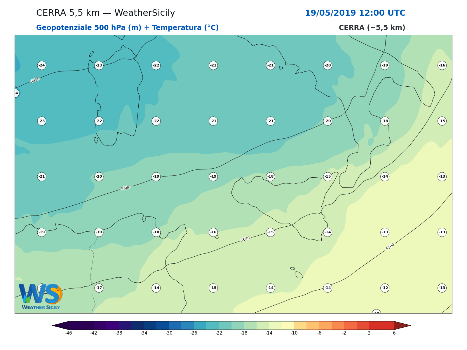 Geopotenziale 500 hPa + Temperatura · 2019051912
