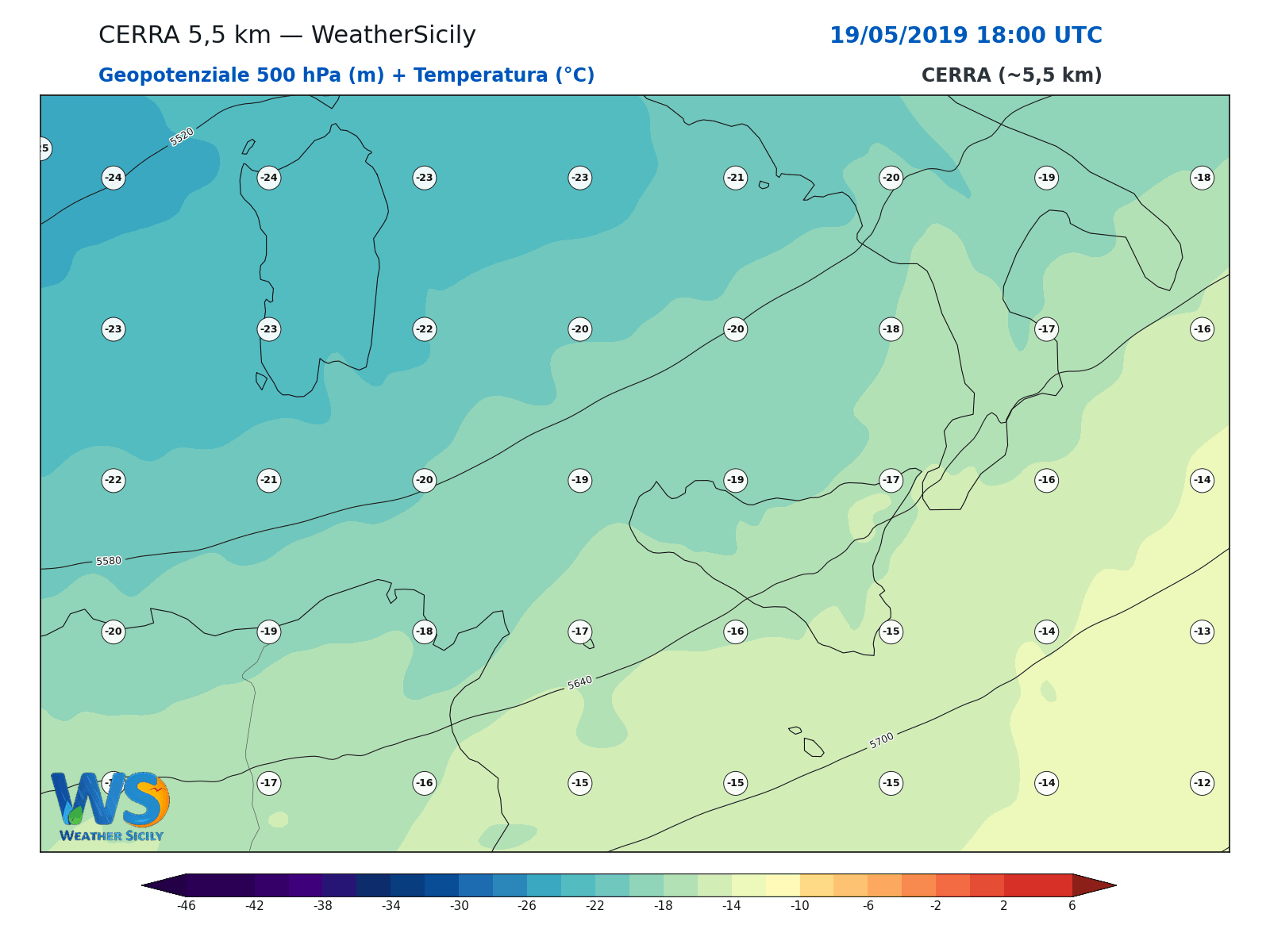 Geopotenziale 500 hPa + Temperatura · 2019051918