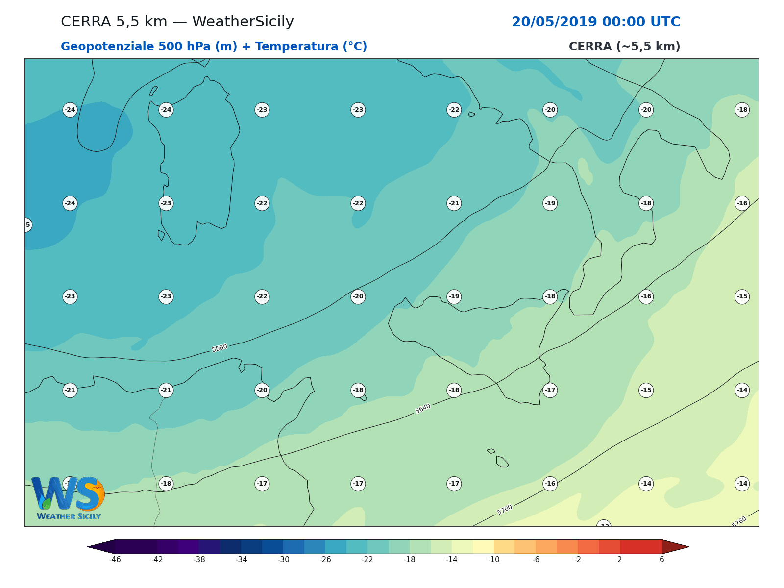 Geopotenziale 500 hPa + Temperatura · 2019052000