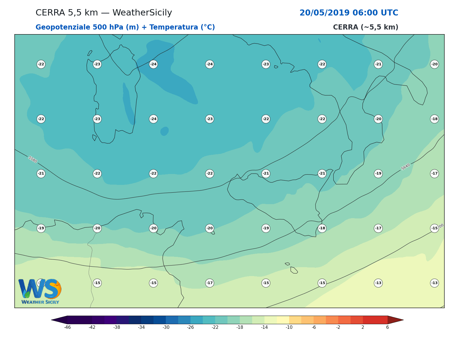 Geopotenziale 500 hPa + Temperatura · 2019052006