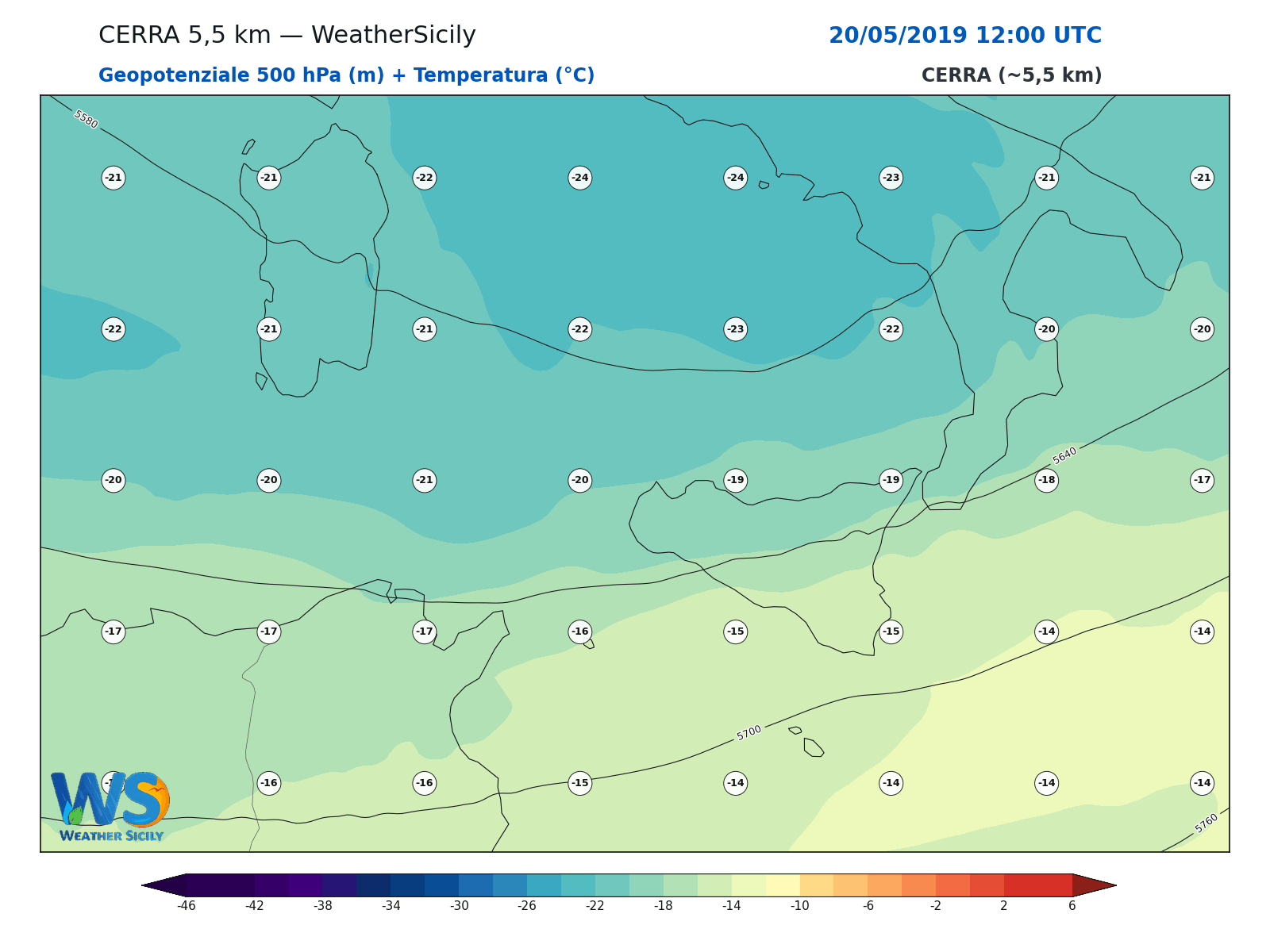 Geopotenziale 500 hPa + Temperatura · 2019052012
