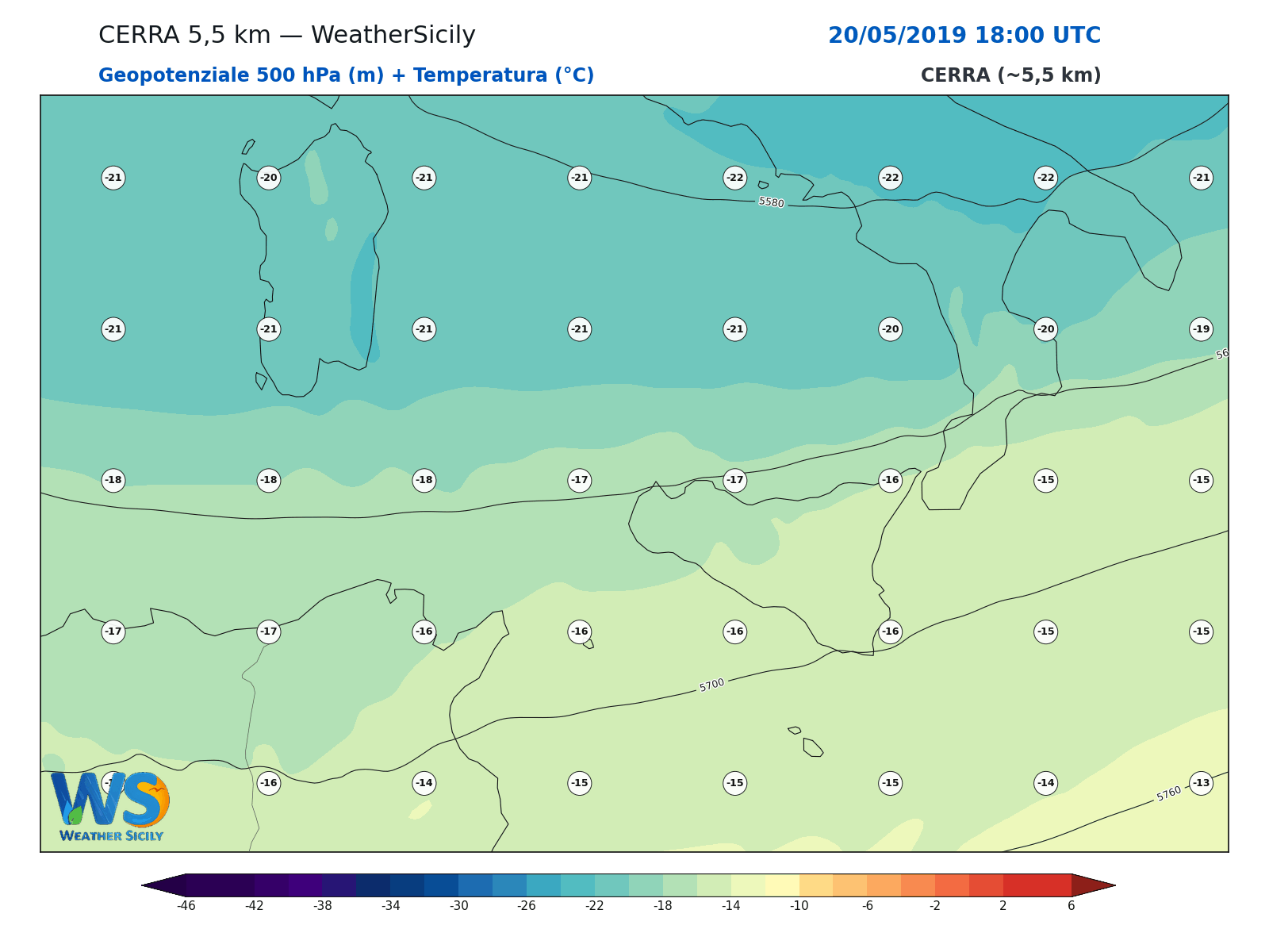 Geopotenziale 500 hPa + Temperatura · 2019052018