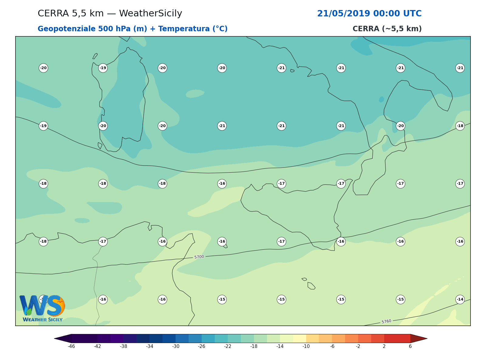 Geopotenziale 500 hPa + Temperatura · 2019052100