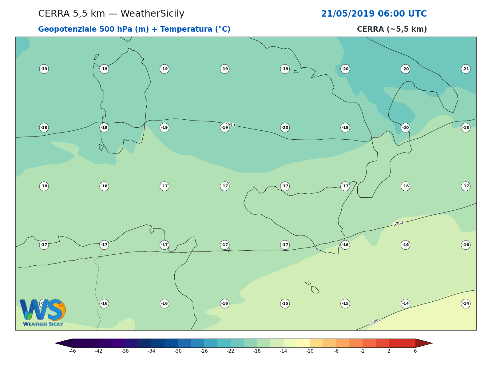 Geopotenziale 500 hPa + Temperatura · 2019052106