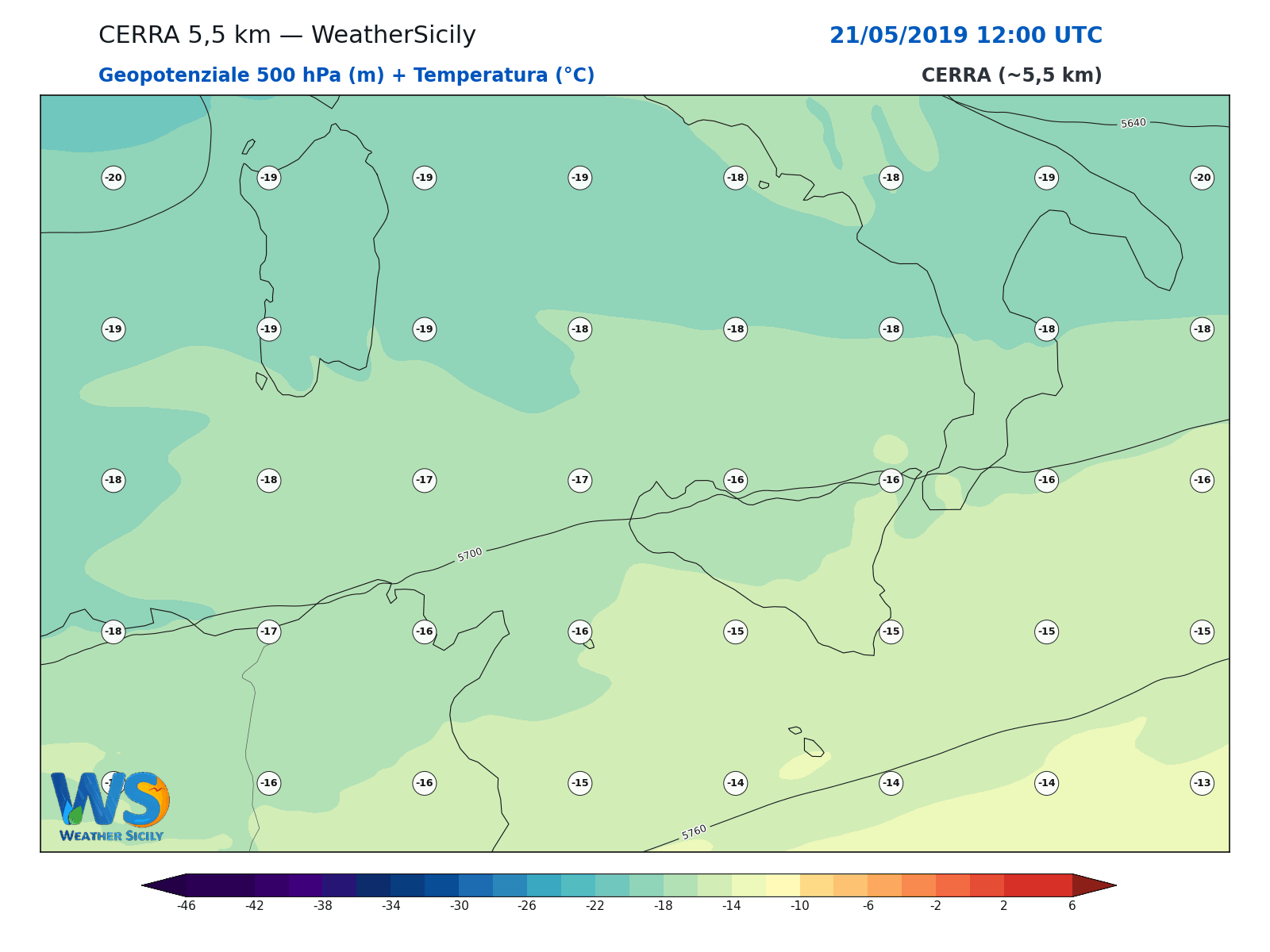 Geopotenziale 500 hPa + Temperatura · 2019052112