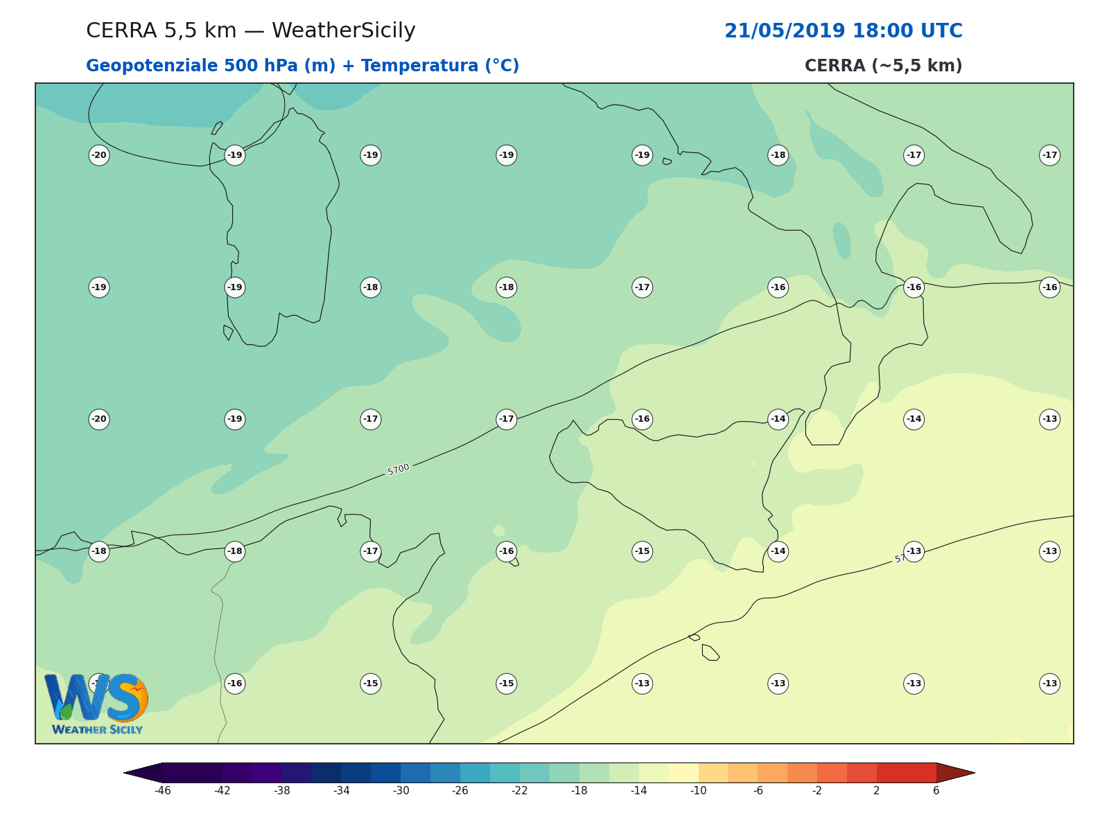 Geopotenziale 500 hPa + Temperatura · 2019052118