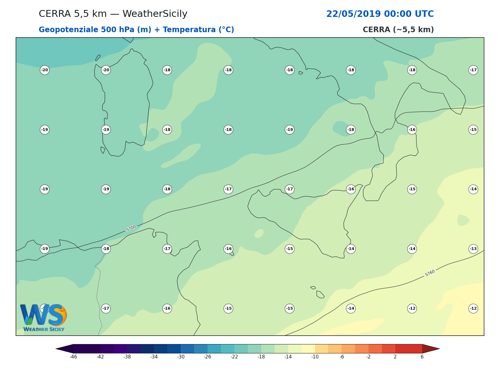 Geopotenziale 500 hPa + Temperatura · 2019052200
