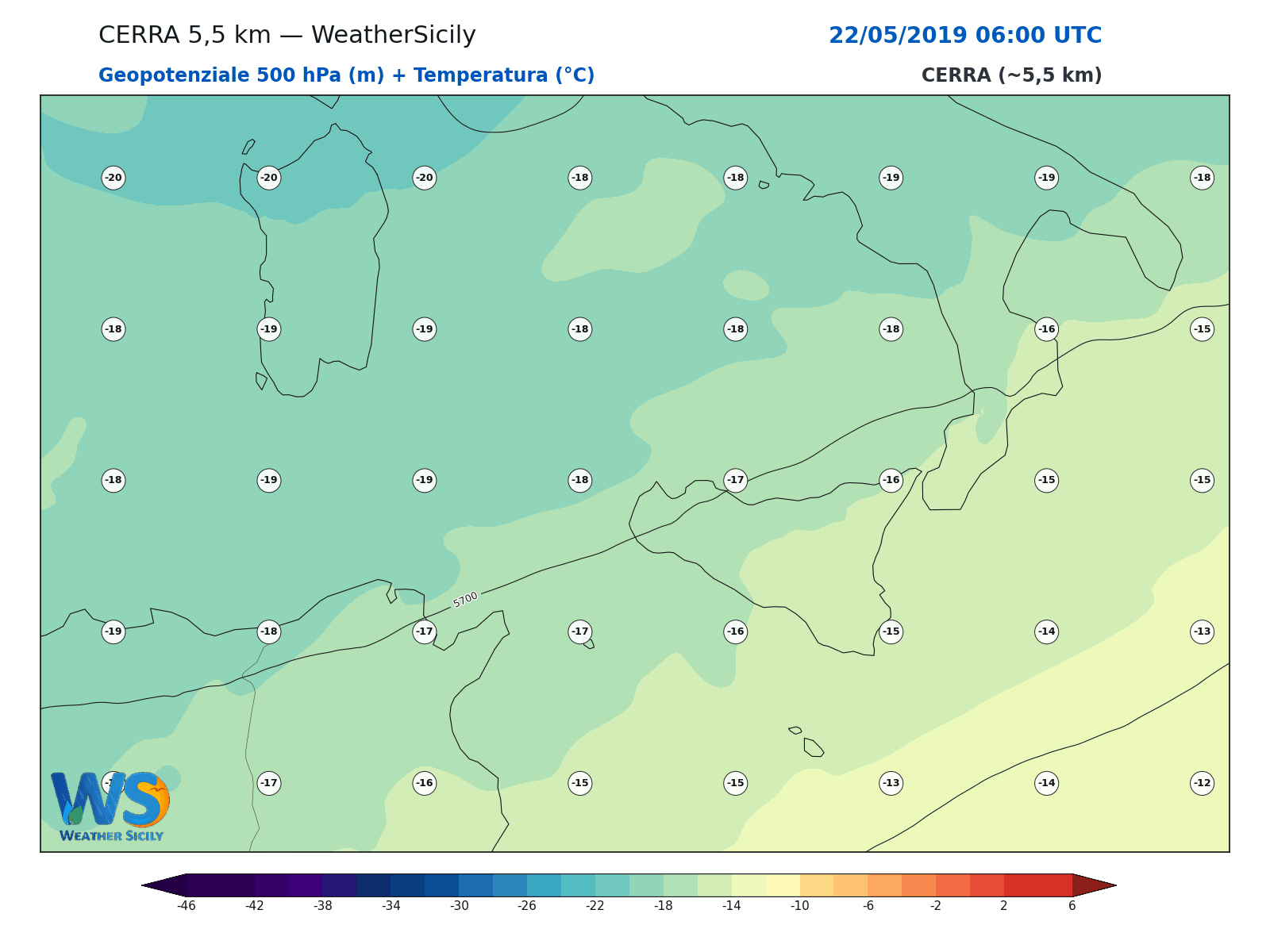 Geopotenziale 500 hPa + Temperatura · 2019052206