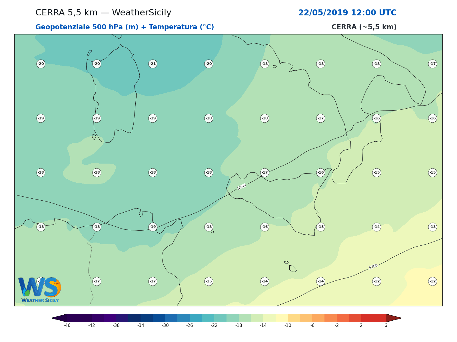 Geopotenziale 500 hPa + Temperatura · 2019052212