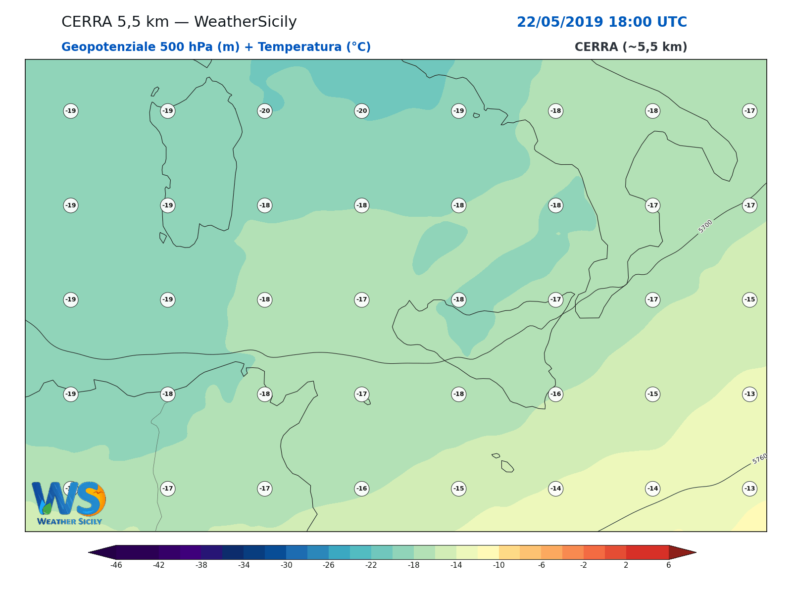 Geopotenziale 500 hPa + Temperatura · 2019052218