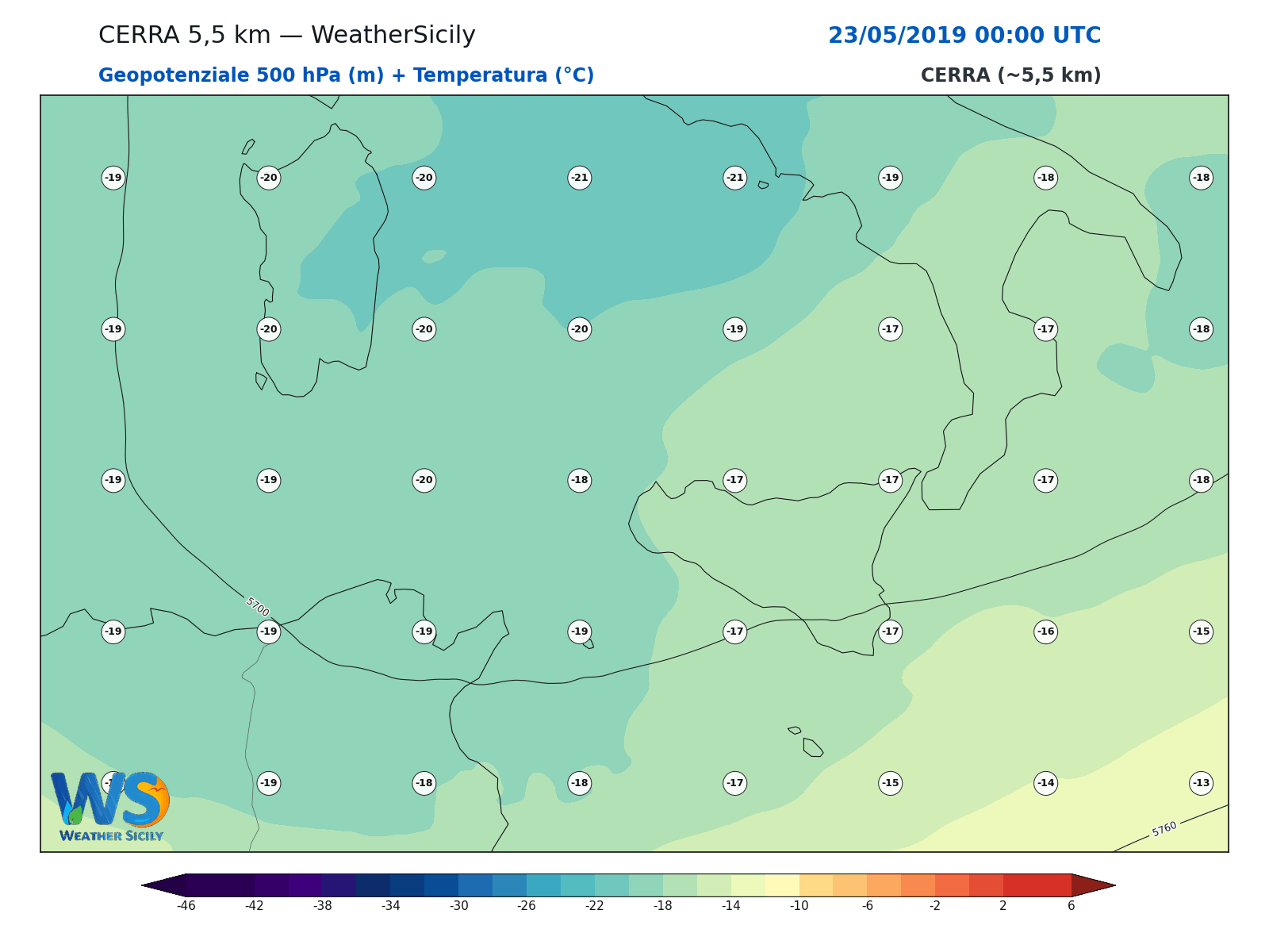 Geopotenziale 500 hPa + Temperatura · 2019052300