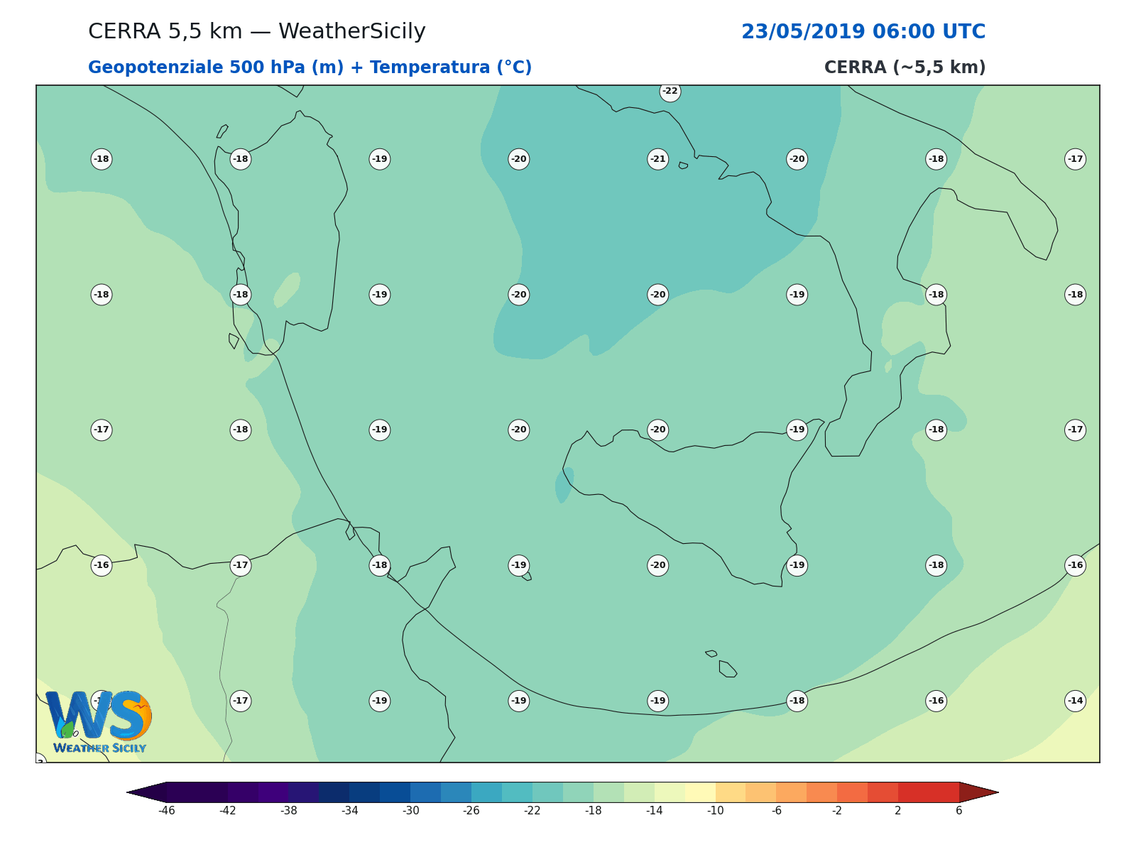 Geopotenziale 500 hPa + Temperatura · 2019052306