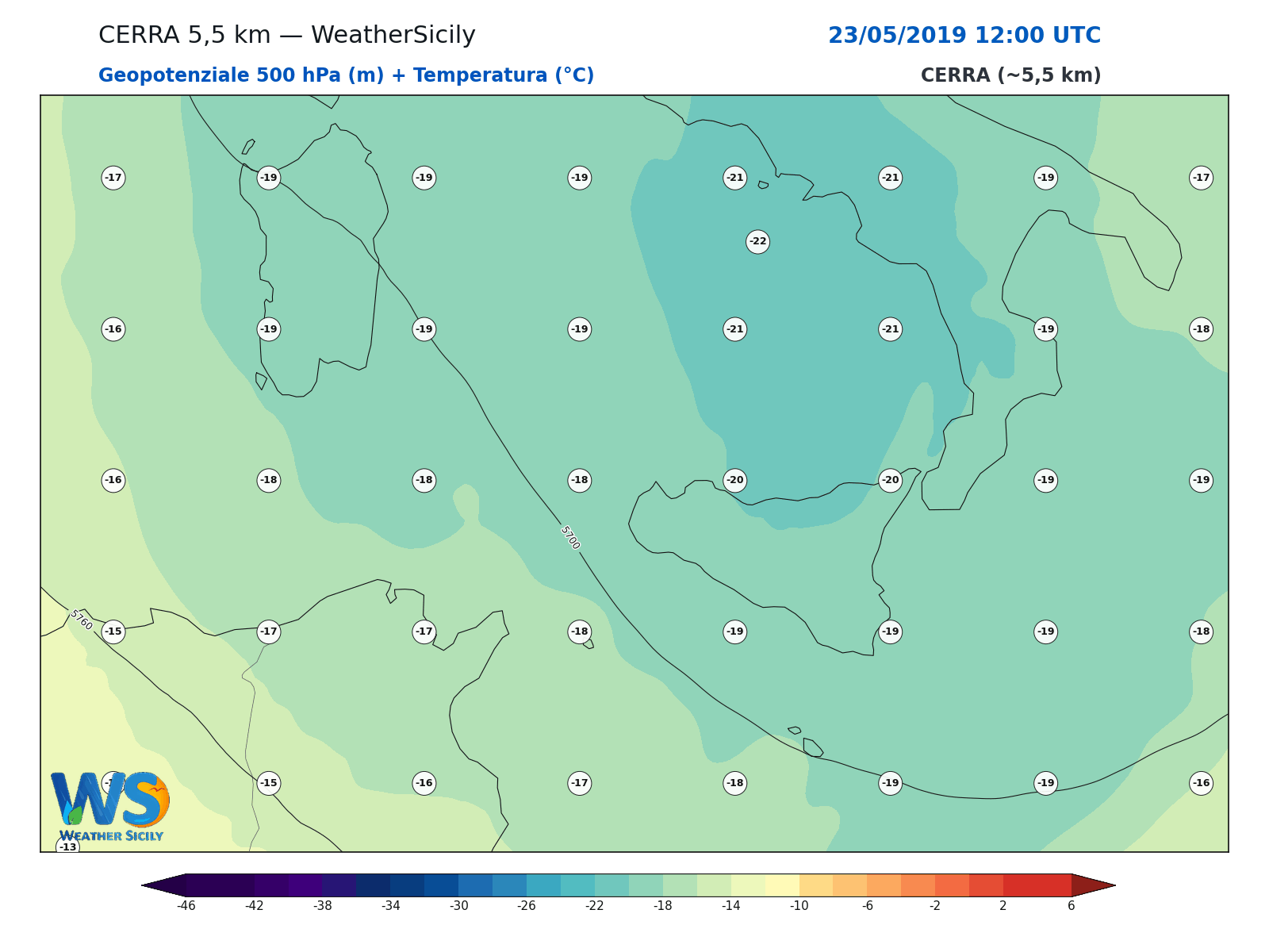 Geopotenziale 500 hPa + Temperatura · 2019052312