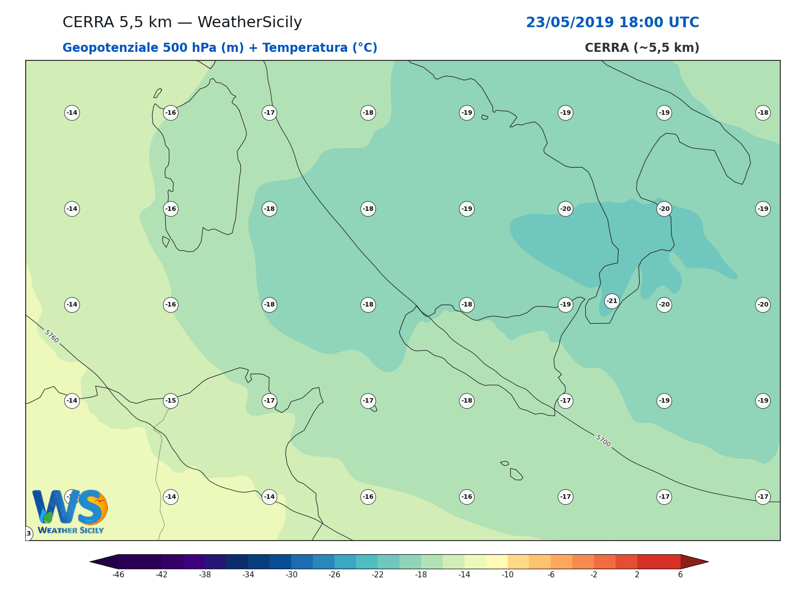 Geopotenziale 500 hPa + Temperatura · 2019052318