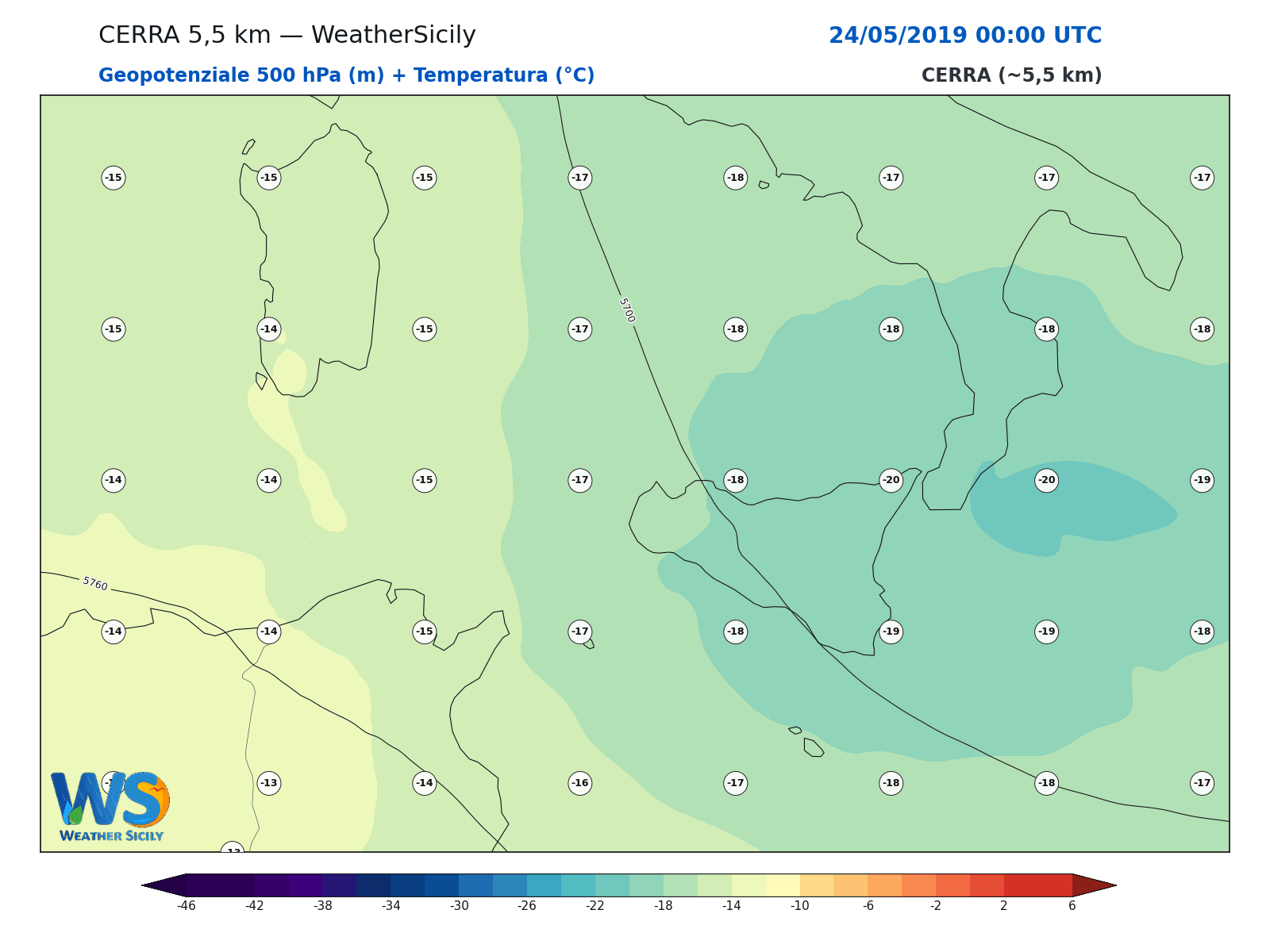 Geopotenziale 500 hPa + Temperatura · 2019052400