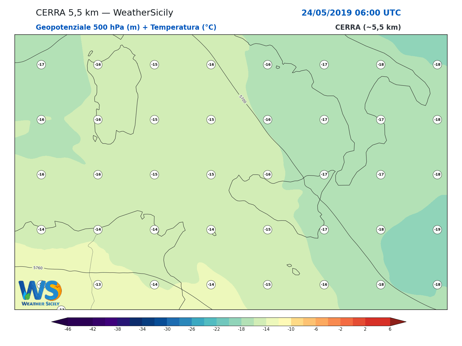 Geopotenziale 500 hPa + Temperatura · 2019052406