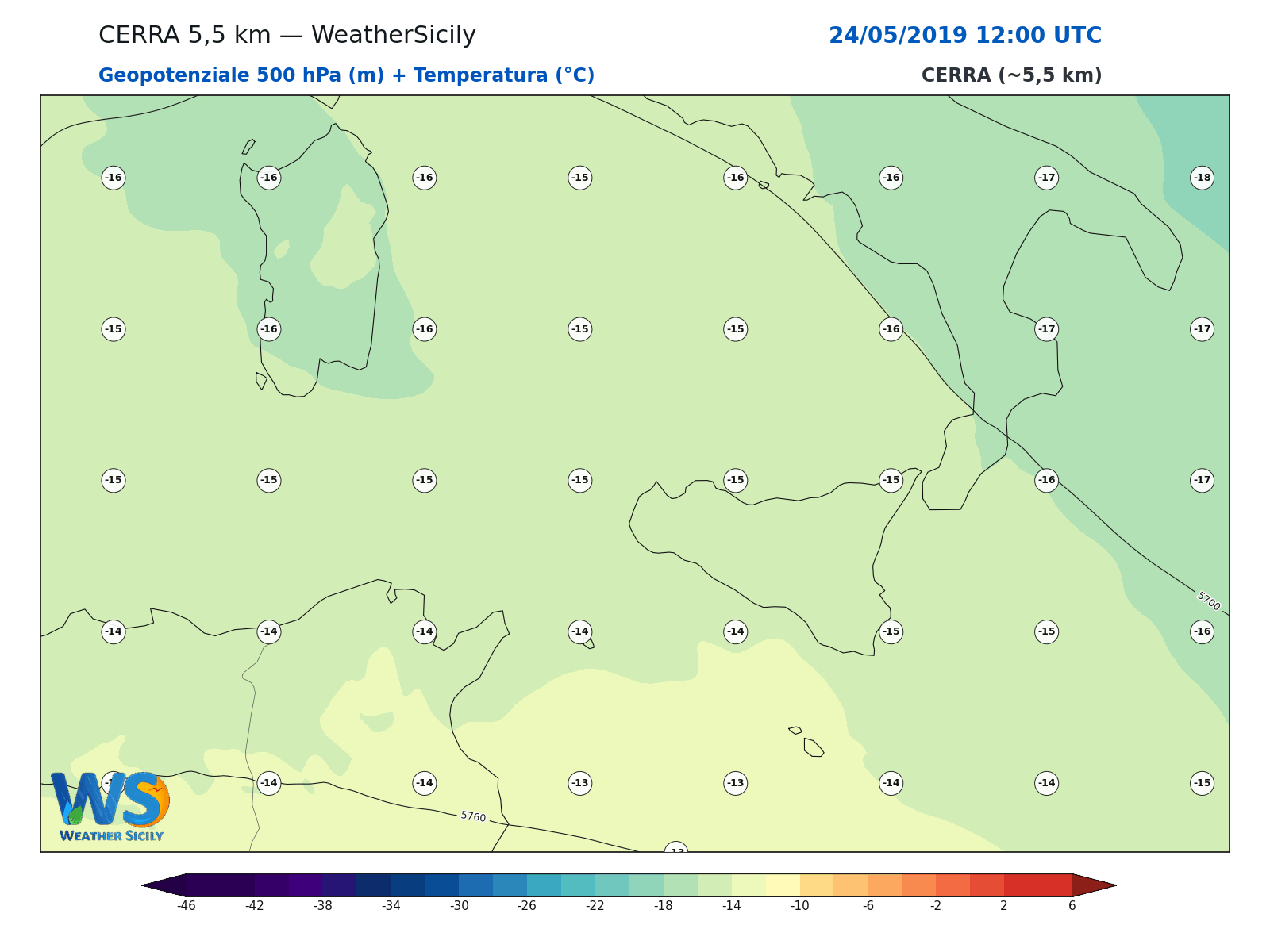 Geopotenziale 500 hPa + Temperatura · 2019052412