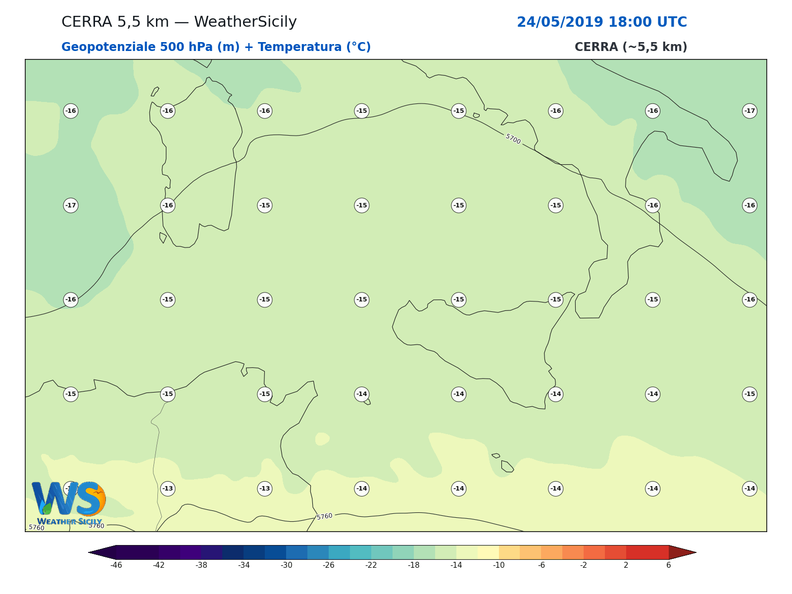 Geopotenziale 500 hPa + Temperatura · 2019052418