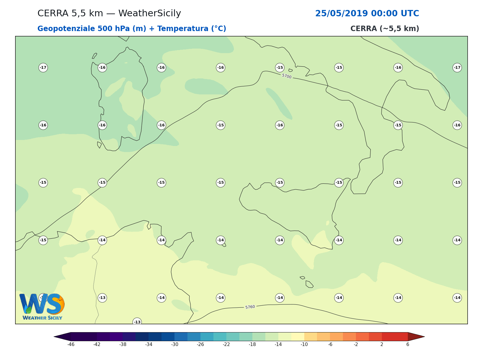 Geopotenziale 500 hPa + Temperatura · 2019052500