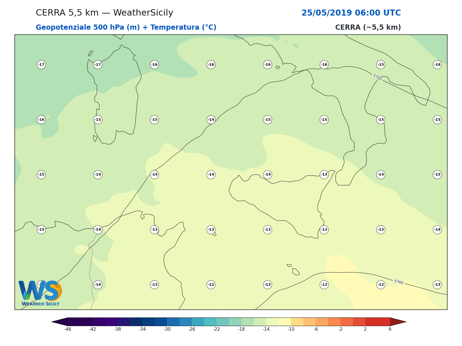 Geopotenziale 500 hPa + Temperatura · 2019052506