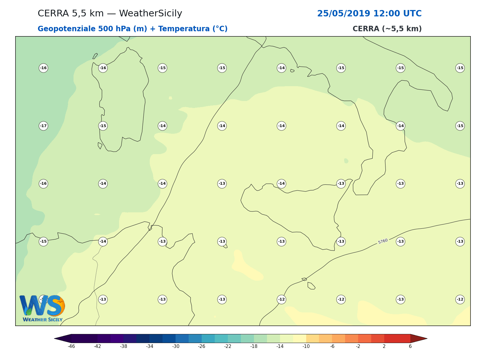Geopotenziale 500 hPa + Temperatura · 2019052512